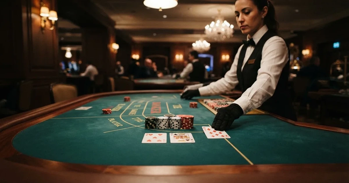 Elegantan stol za baccarat u casinu, zeleno sukno, špil karata, žetoni i djelitelj u prsluku, prigušena rasvjeta.
