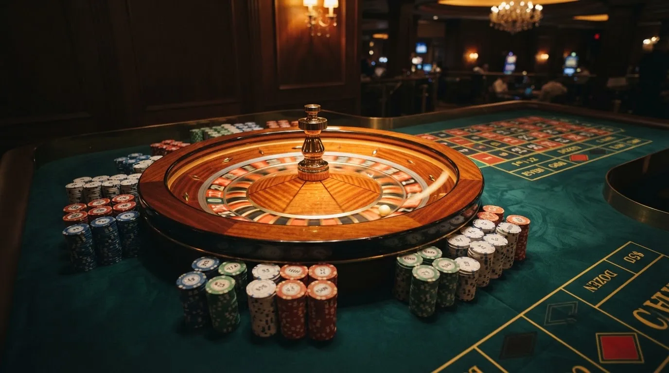 Kotač ruleta i žetoni na zelenom suknu pod toplim večernjim svjetlom — besplatni casina u hrvatskoj