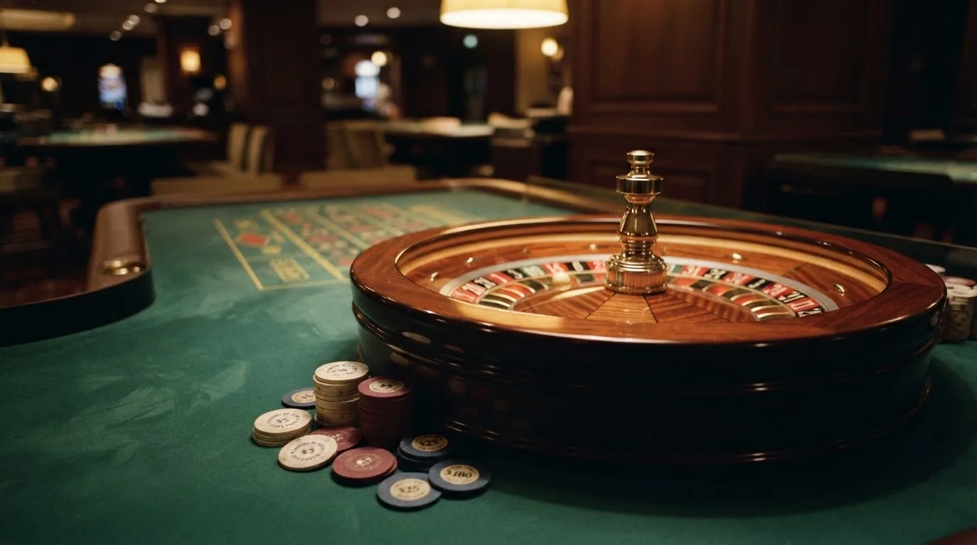Kotač ruleta i žetoni na zelenom suknu pod toplim večernjim svjetlom — blackjack casina u hrvatskoj