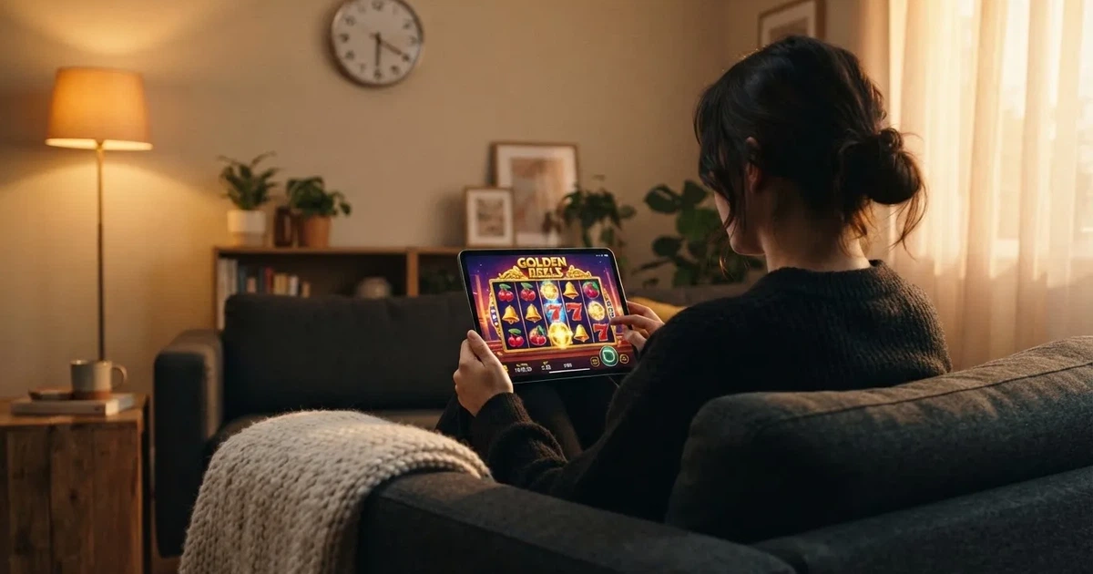 Osoba na kauču zamišljeno gleda tablet, a iza nje je sat na zidu — bonusi bez depozita u kasinu