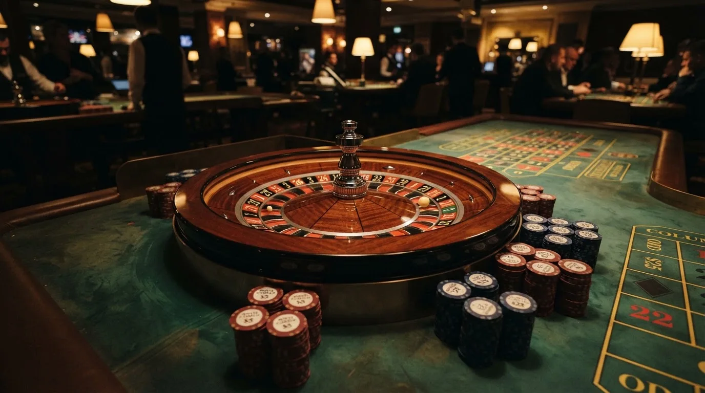 Kotač ruleta i žetoni na zelenom suknu pod toplim večernjim svjetlom — bonusi bez depozita u kasinu