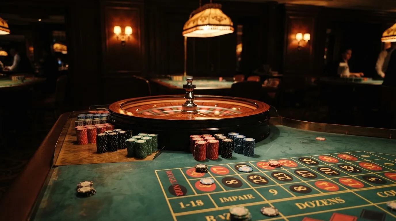 Kotač ruleta i žetoni na zelenom suknu pod toplim večernjim svjetlom — casina za android u hrvatskoj