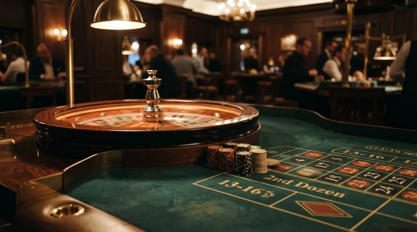Kotač ruleta i žetoni na zelenom suknu pod toplim večernjim svjetlom — casina za iphone u hrvatskoj