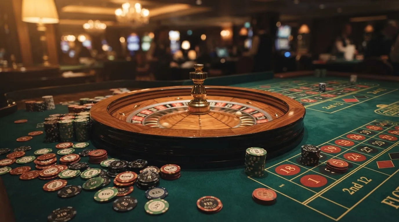 Kotač ruleta i žetoni na zelenom suknu pod toplim večernjim svjetlom — casino aparati u hrvatskoj