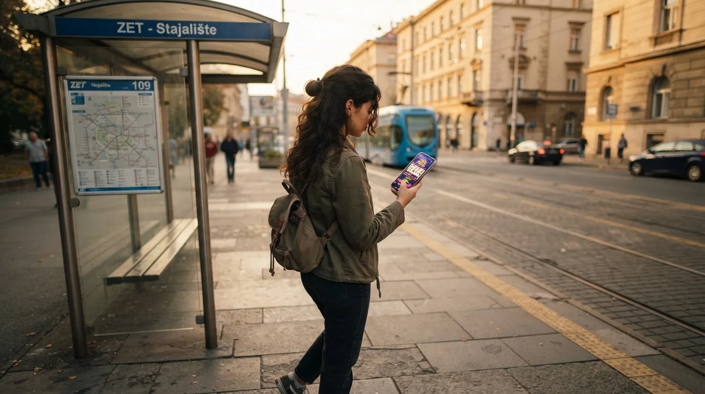 Osoba na autobusnoj stanici u Zagrebu čeka autobus i drži mobitel u ruci, kasno poslijepodne.