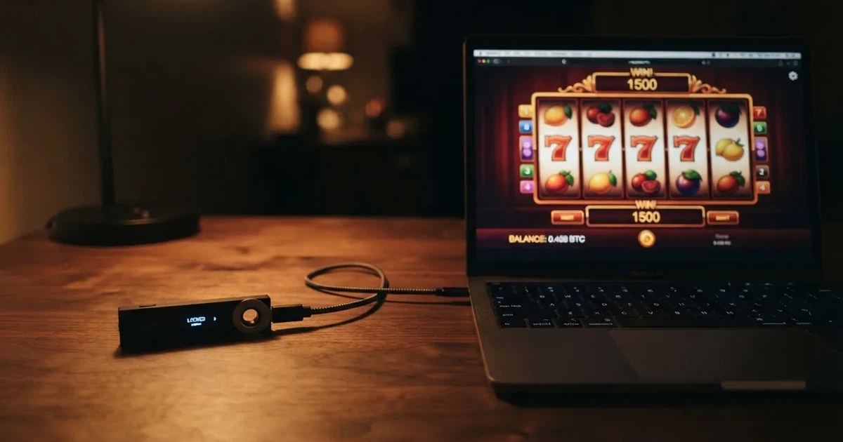 Hardverski novčanik i prijenosno računalo na stolu pod prigušenim svjetlom — casino bez registracije u hrvatskoj