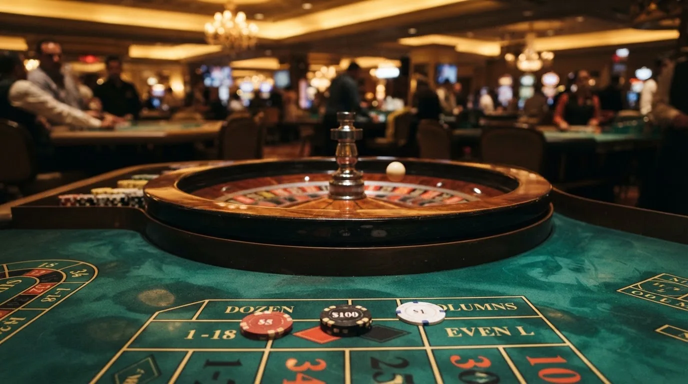 Kotač ruleta i žetoni na zelenom suknu pod toplim večernjim svjetlom — casino bez registracije u hrvatskoj