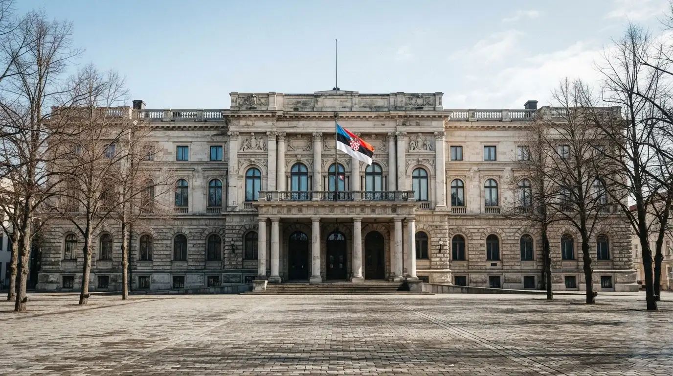 Zgrada državne uprave s kamenim pročeljem i hrvatskom zastavom, dnevno svjetlo i prazan trg ispred ulaza.