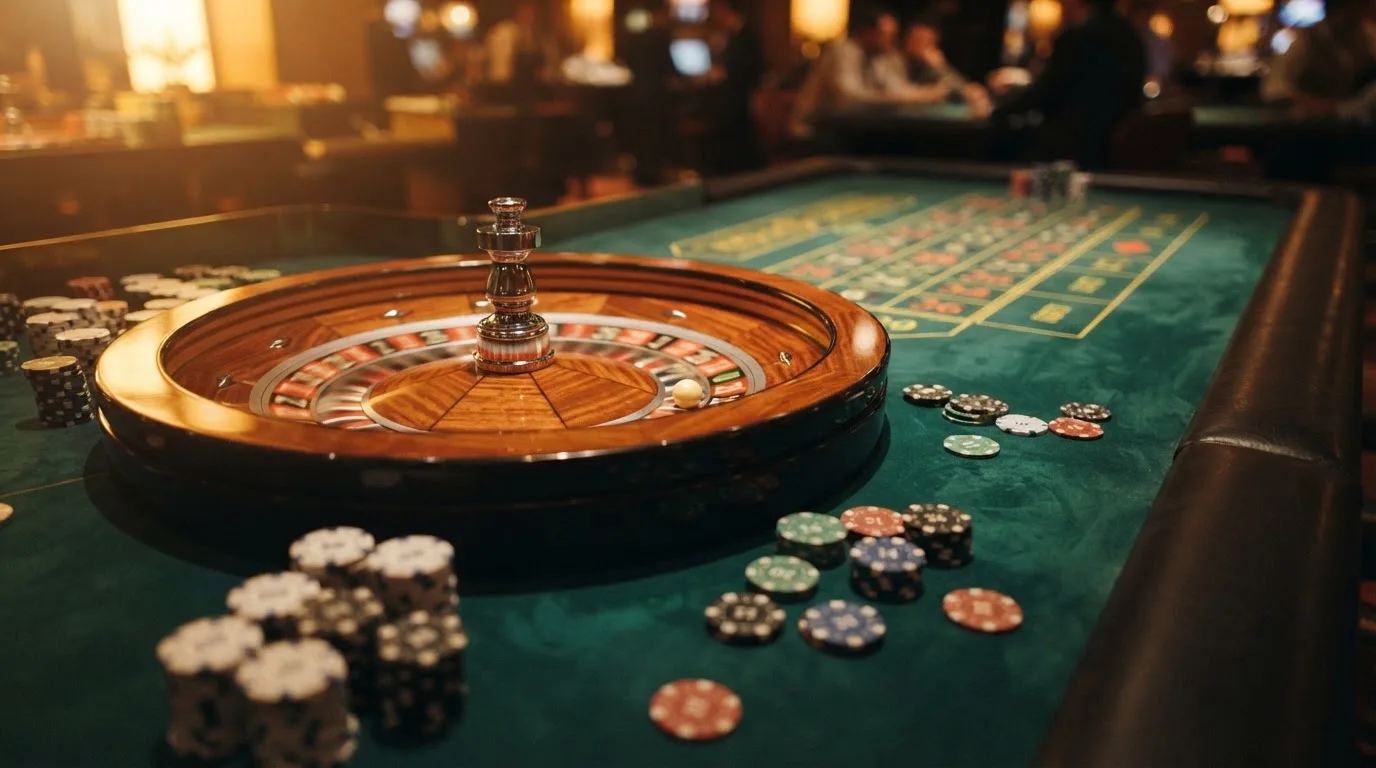 Kotač ruleta i žetoni na zelenom suknu pod toplim večernjim svjetlom — casino igre u hrvatskoj