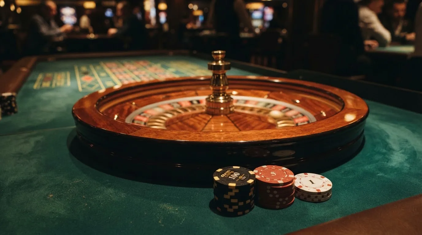 Kotač ruleta i žetoni na zelenom suknu pod toplim večernjim svjetlom — casino igre za mobitel