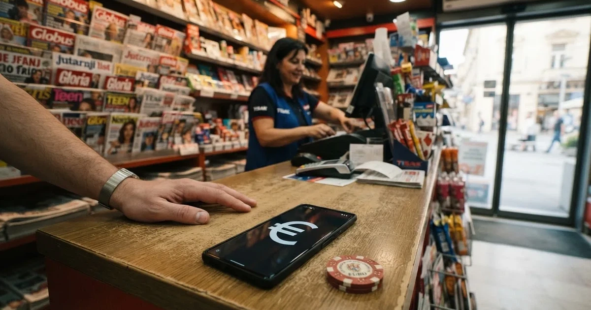 Osoba na prodajnom mjestu kioska predaje novčanicu blagajnici, na pultu pametni telefon, police s časopisima u pozadini.