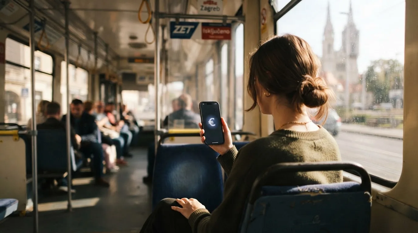 Žena u zagrebačkom tramvaju drži pametni telefon, putnici u pozadini zamućeni, dnevno svjetlo kroz prozore.