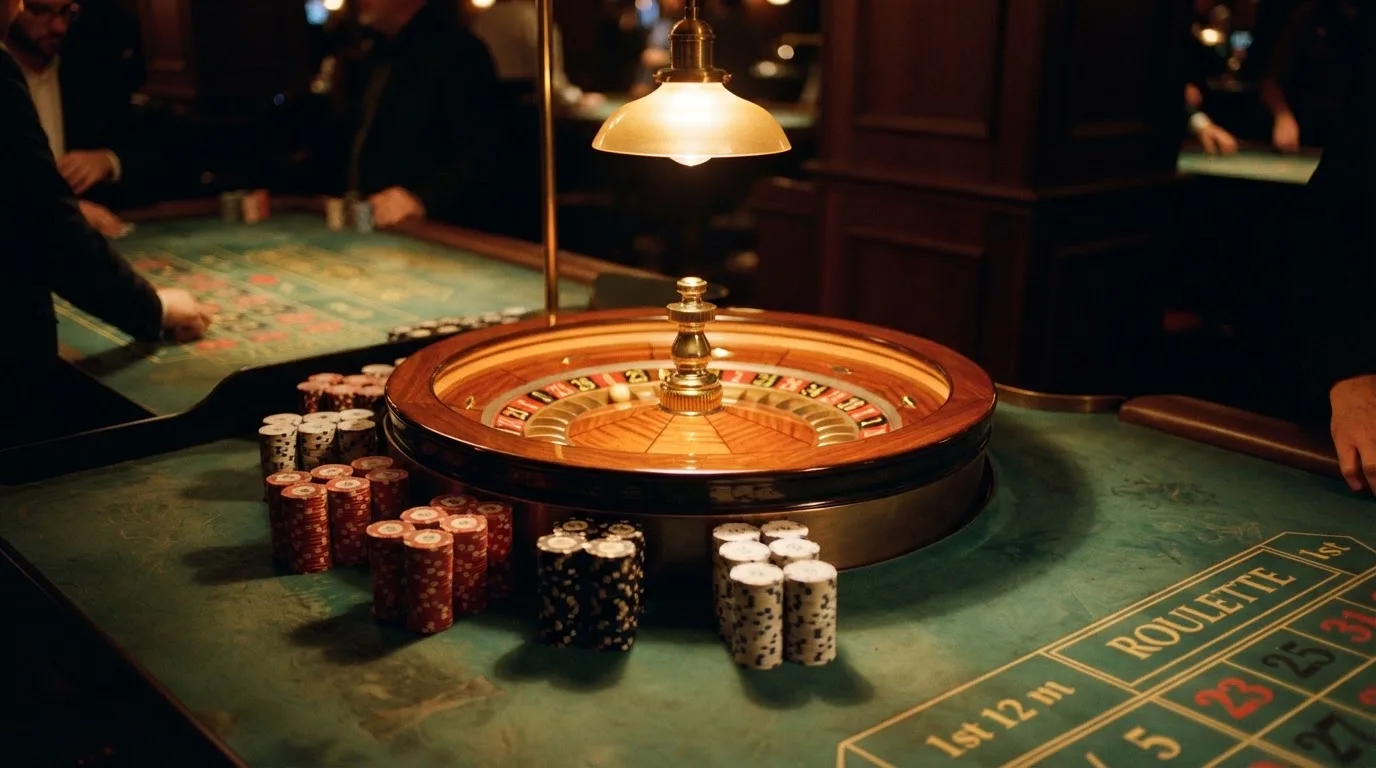 Kotač ruleta i žetoni na zelenom suknu pod toplim večernjim svjetlom — casino s apple pay u hrvatskoj