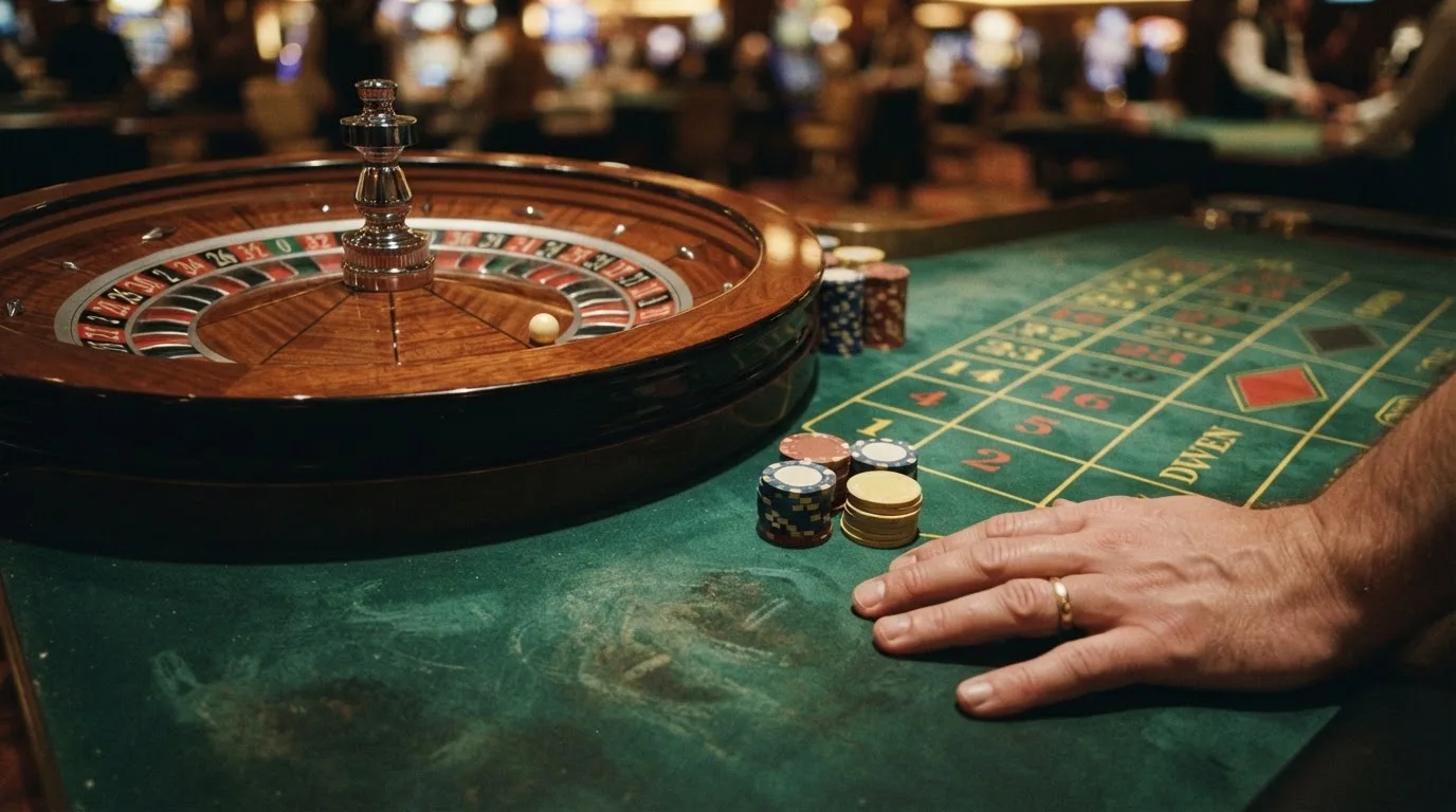 Kotač ruleta i žetoni na zelenom suknu pod toplim večernjim svjetlom — casino s bankovnim transferima