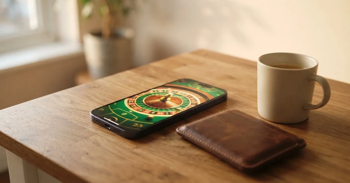 Mobitel na drvenom stolu pokraj novčanika i šalice kave — casino s google pay u hrvatskoj
