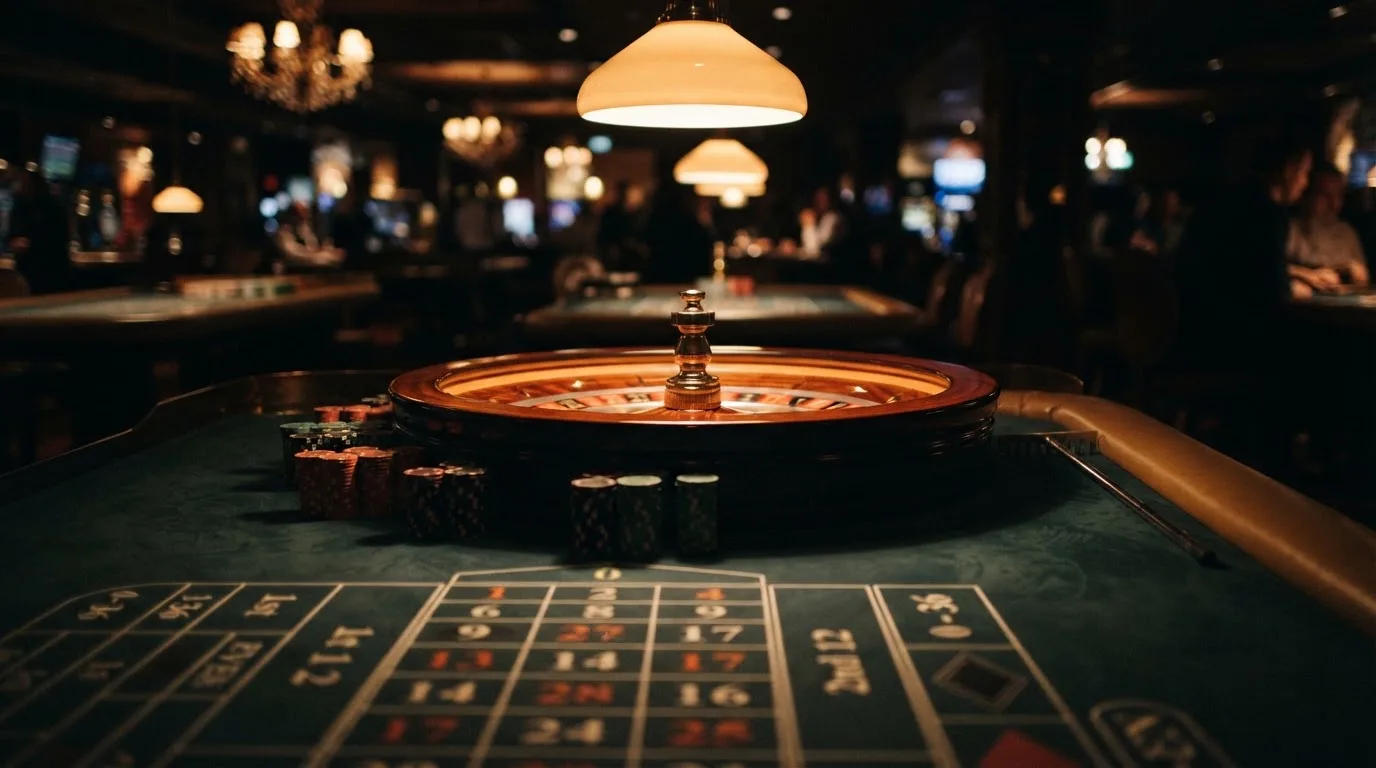 Kotač ruleta i žetoni na zelenom suknu pod toplim večernjim svjetlom — casino s google pay u hrvatskoj