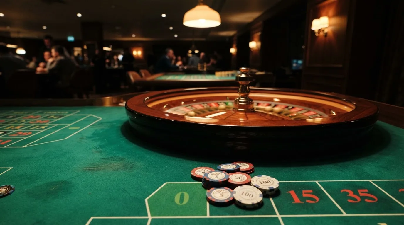 Kotač ruleta i žetoni na zelenom suknu pod toplim večernjim svjetlom — casino s maestro u hrvatskoj