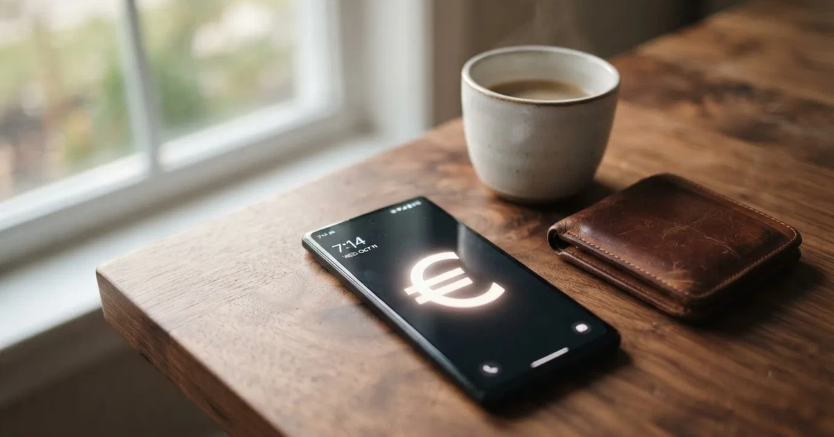 Mobitel na drvenom stolu pokraj novčanika i šalice kave — casino s mifinity u hrvatskoj