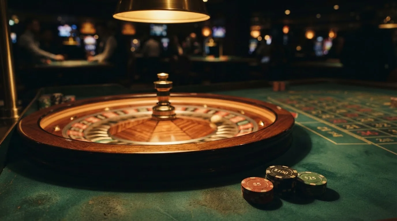 Kotač ruleta i žetoni na zelenom suknu pod toplim večernjim svjetlom — casino s mifinity u hrvatskoj