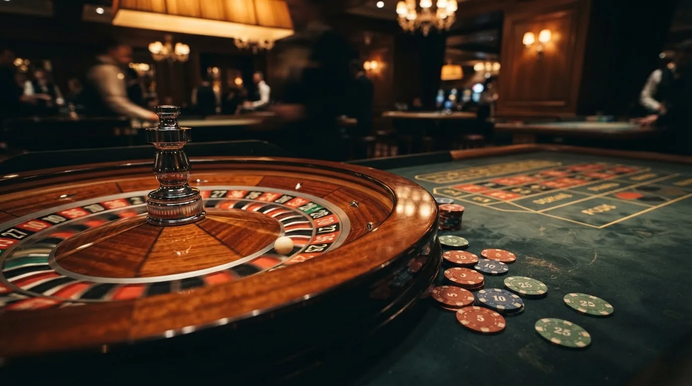 Kotač ruleta i žetoni na zelenom suknu pod toplim večernjim svjetlom — casino s muchbetter u hrvatskoj
