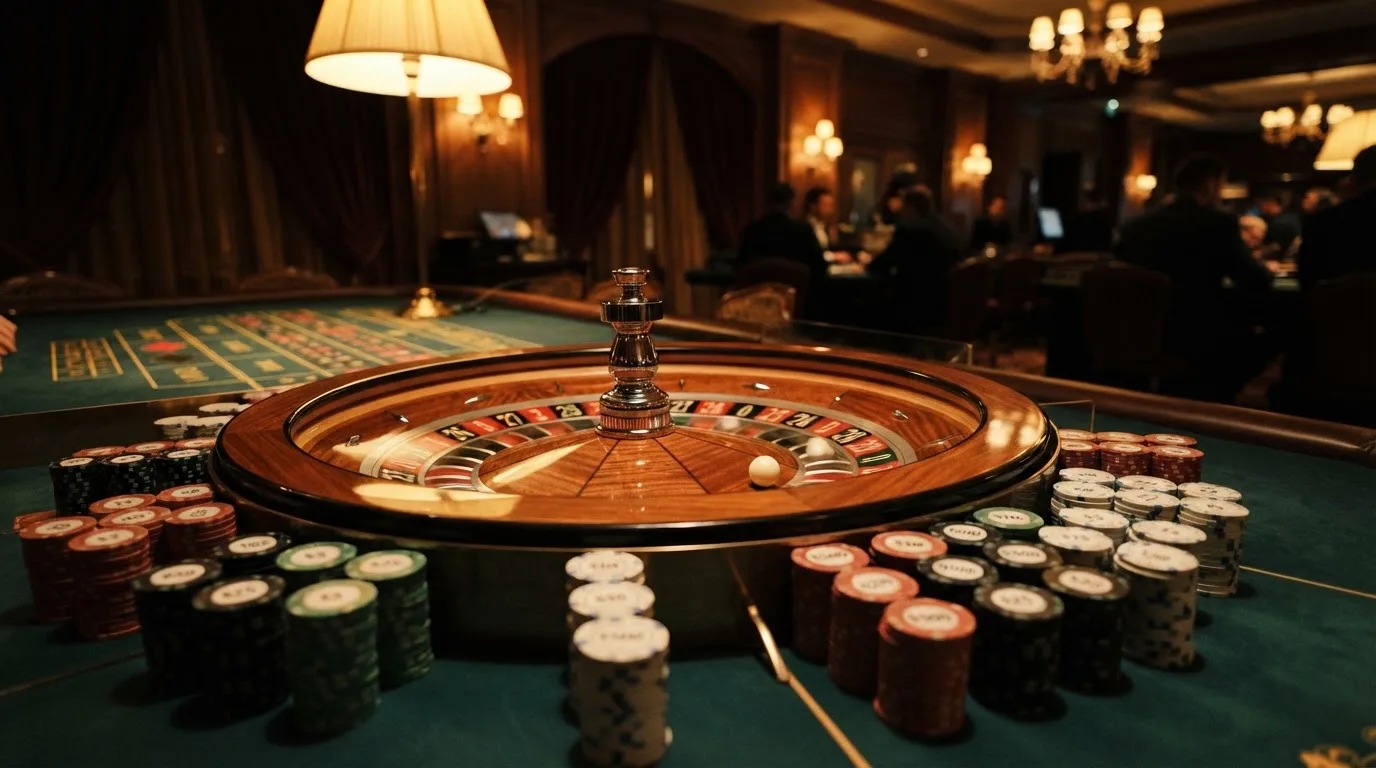 Kotač ruleta i žetoni na zelenom suknu pod toplim večernjim svjetlom — casino s neteller u hrvatskoj