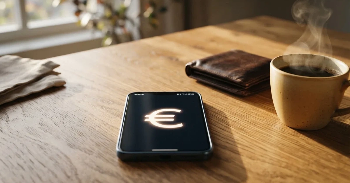 Mobitel na drvenom stolu pokraj novčanika i šalice kave — casino s paypal u hrvatskoj
