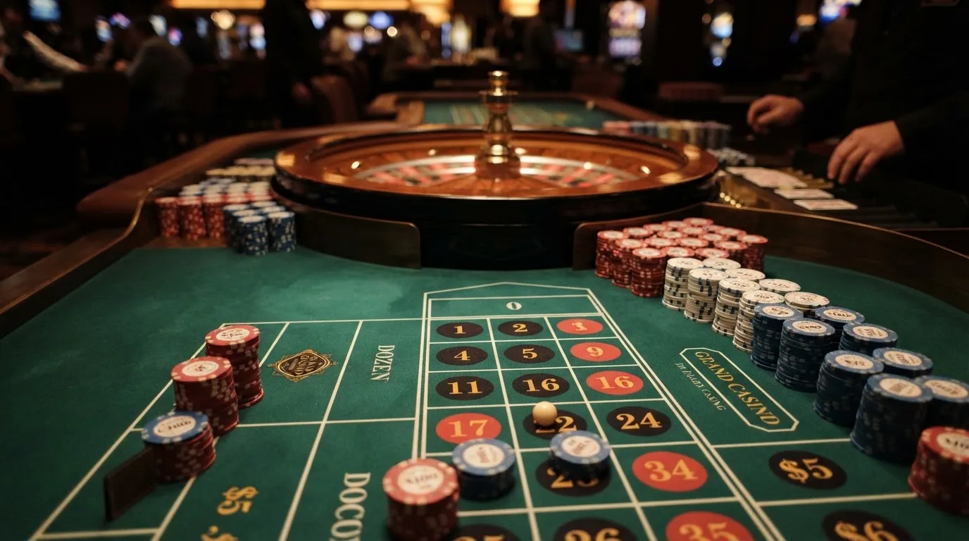 Kotač ruleta i žetoni na zelenom suknu pod toplim večernjim svjetlom — casino s paypal u hrvatskoj