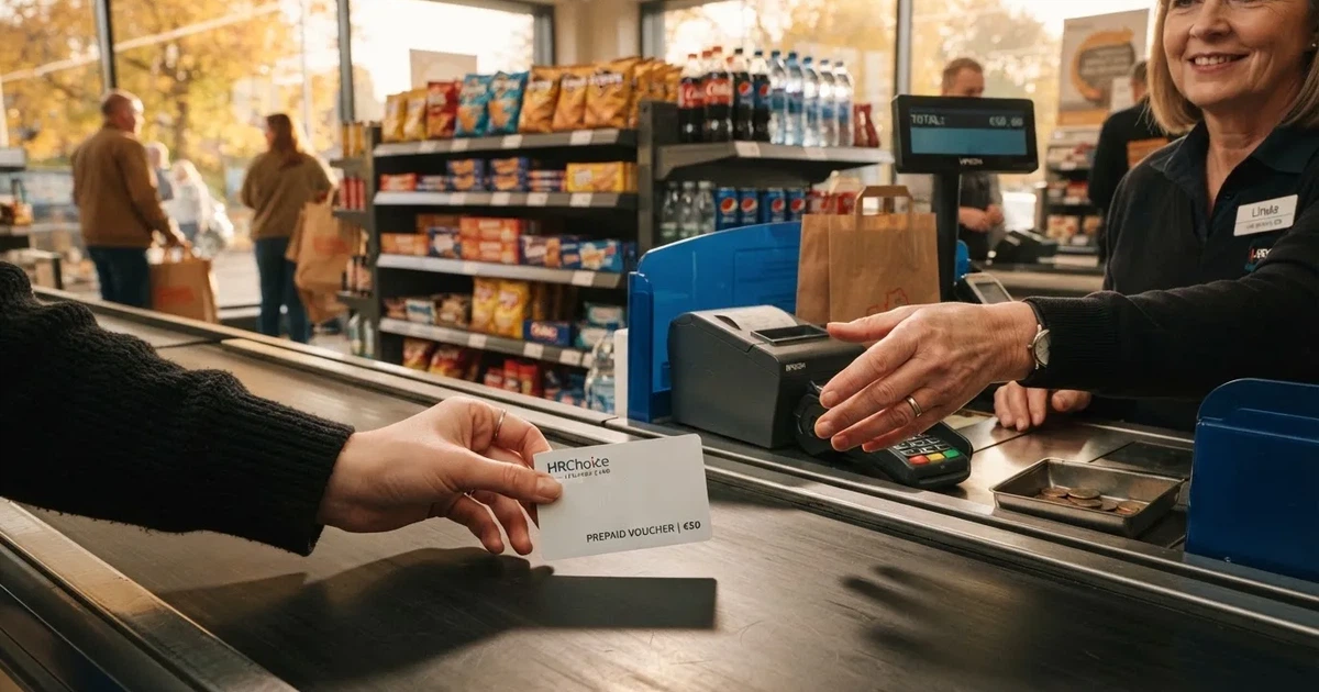 Kupac na kasi supermarketa drži prepaid karticu bez oznaka i novčanice, blagajnica pruža ruku, police u pozadini.
