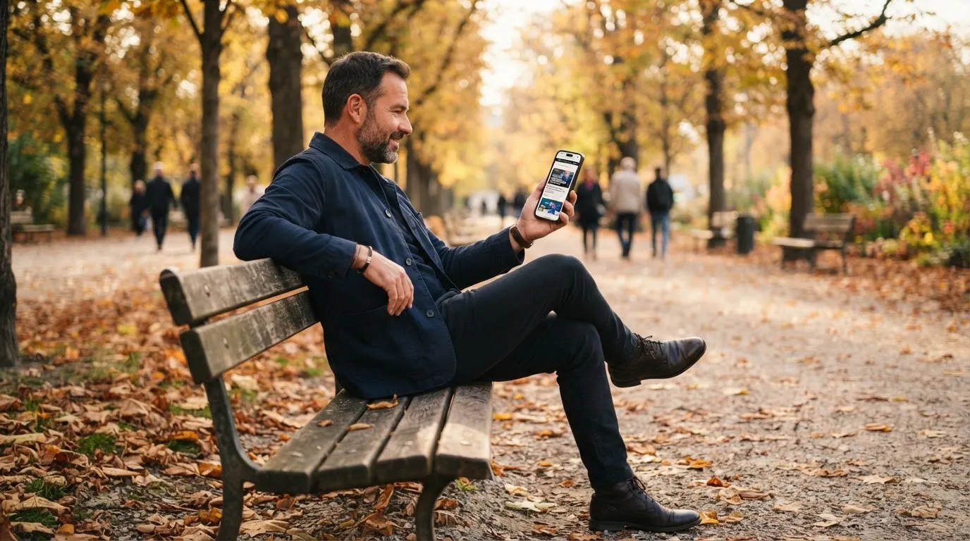 Muškarac sjedi na klupi u gradskom parku s pametnim telefonom u ruci, jesensko lišće oko klupe, mirno popodne.