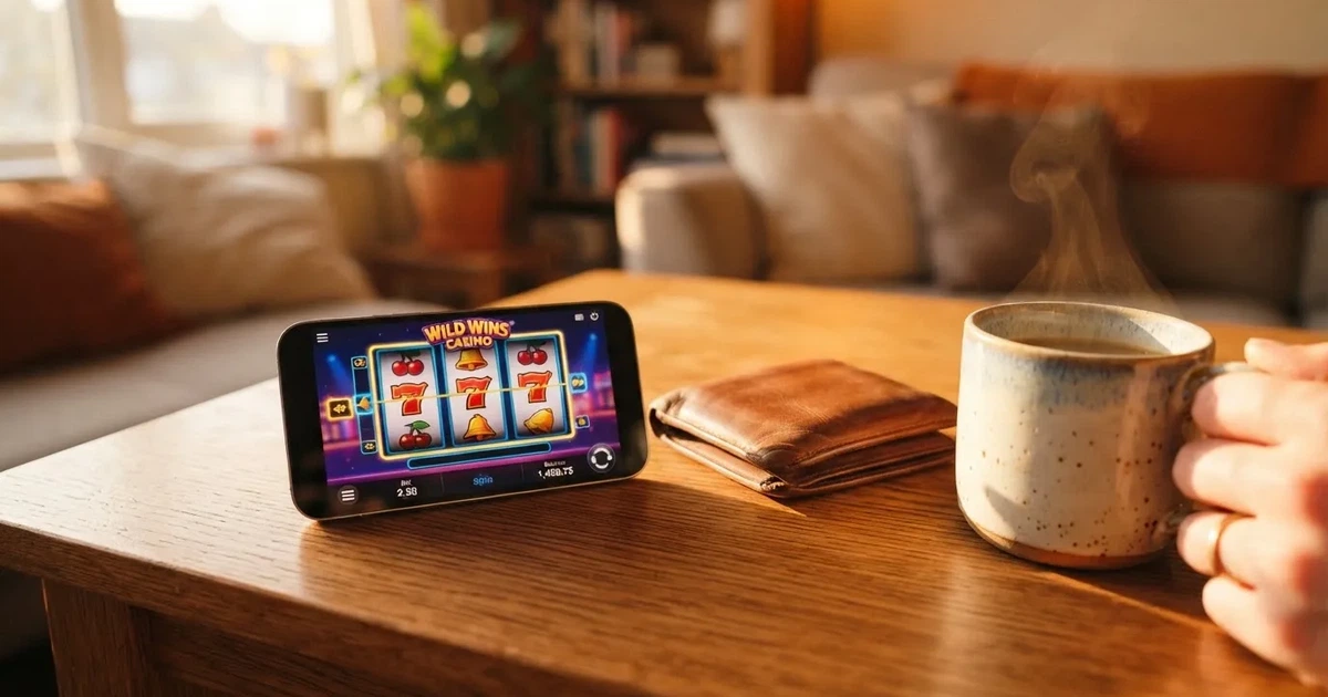 Mobitel na drvenom stolu pokraj novčanika i šalice kave — casino s revolut u hrvatskoj