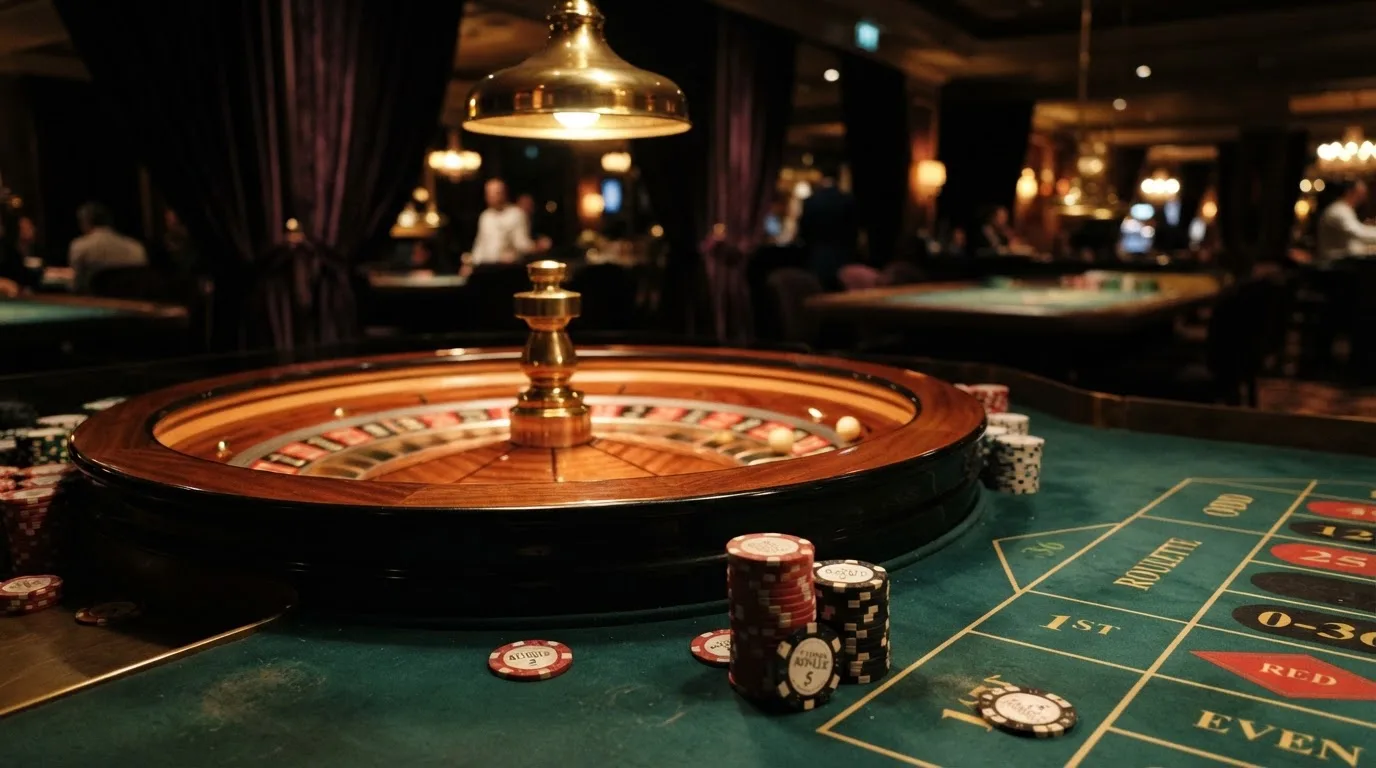Kotač ruleta i žetoni na zelenom suknu pod toplim večernjim svjetlom — casino s revolut u hrvatskoj