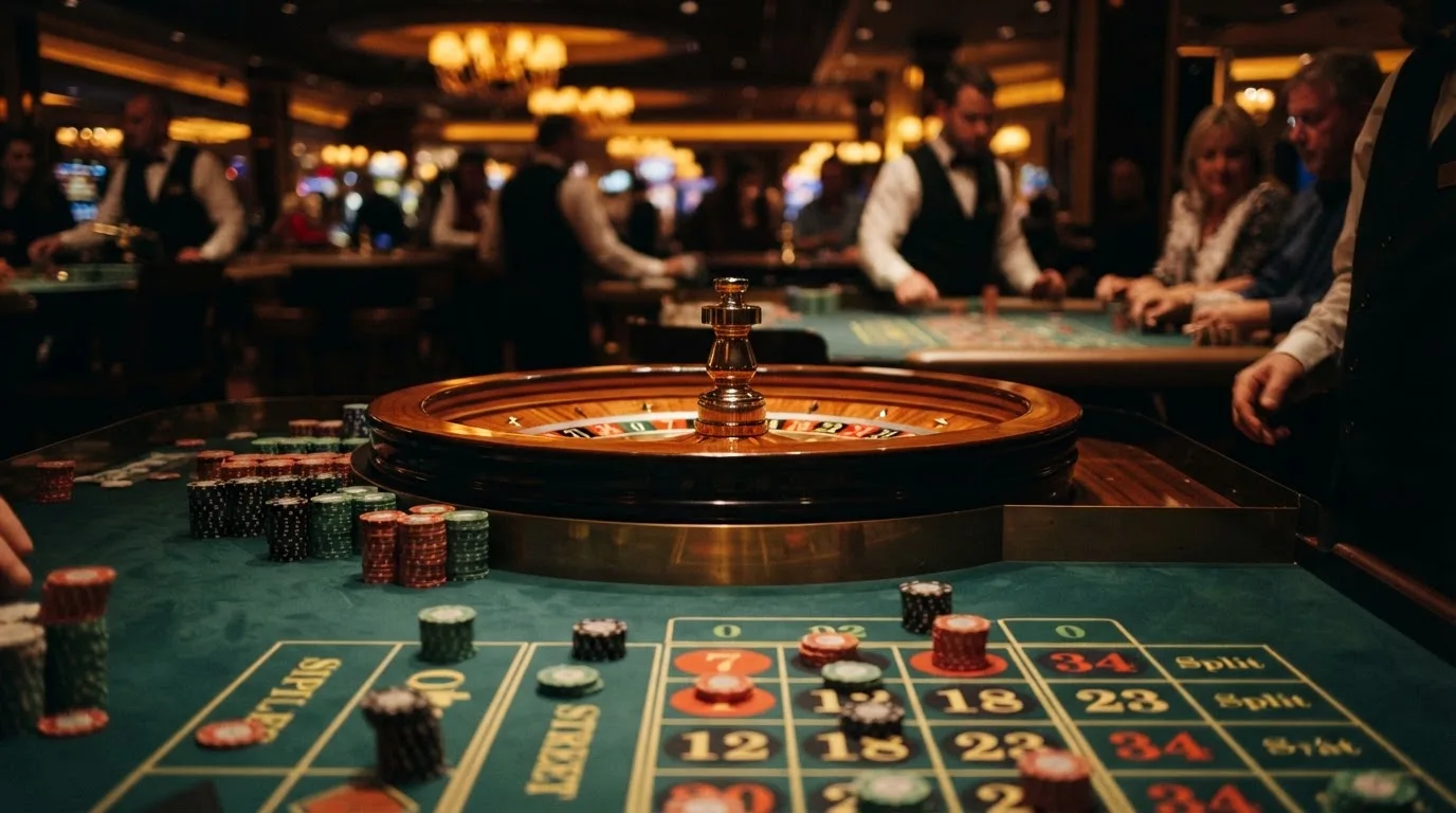 Kotač ruleta i žetoni na zelenom suknu pod toplim večernjim svjetlom — casino s skrill u hrvatskoj