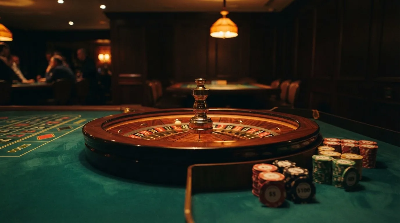 Kotač ruleta i žetoni na zelenom suknu pod toplim večernjim svjetlom — casino s trustly u hrvatskoj