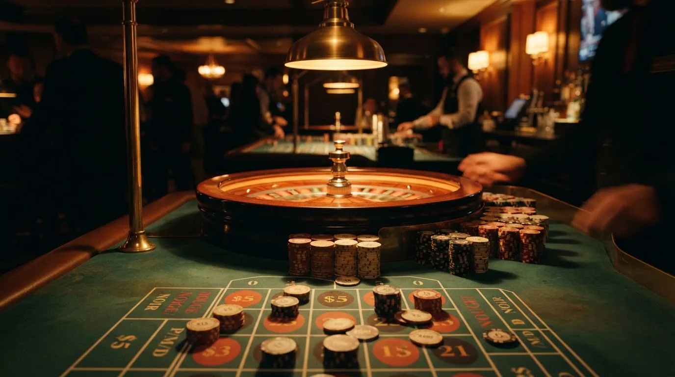 Kotač ruleta i žetoni na zelenom suknu pod toplim večernjim svjetlom — casino s visa u hrvatskoj