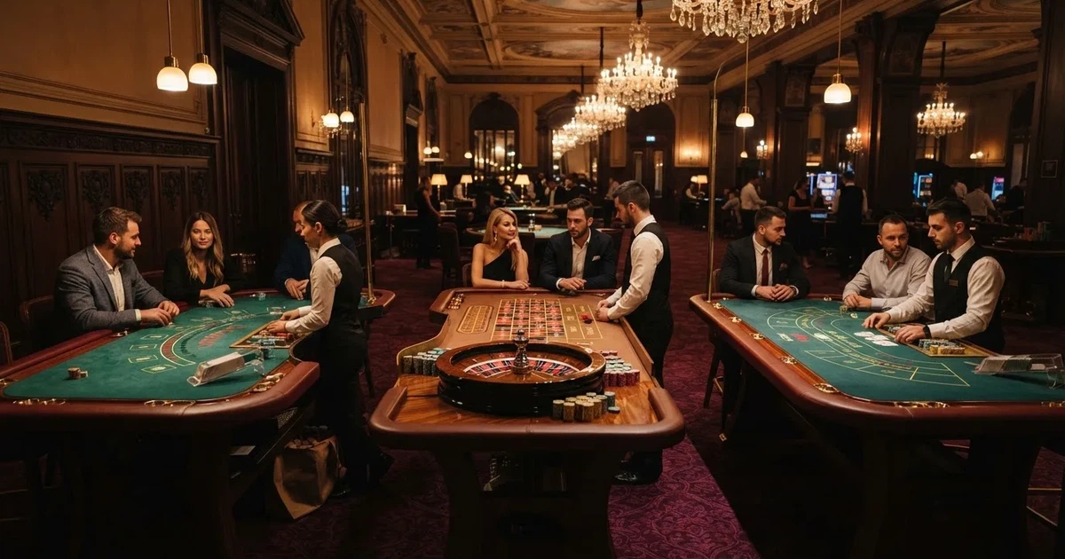 Tri različita stola za igru jedan uz drugi u mirnoj, toplo osvijetljenoj dvorani — casino stranice u hrvatskoj