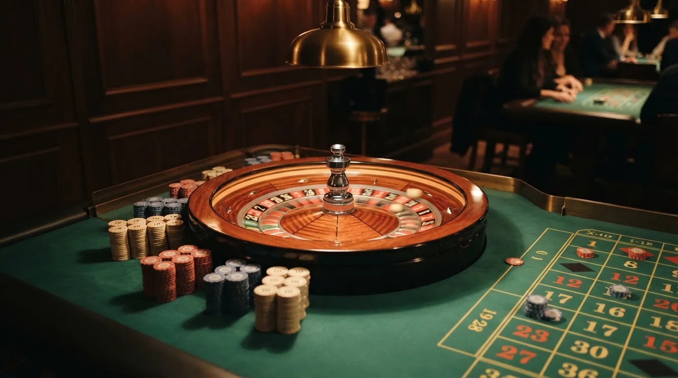 Kotač ruleta i žetoni na zelenom suknu pod toplim večernjim svjetlom — casino stranice u hrvatskoj