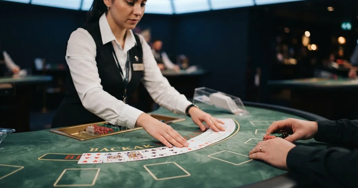 Krupijerka u crnom prsluku dijeli karte blackjacka u studiju, snimljeno kamerom s visine, meko plavo svjetlo.