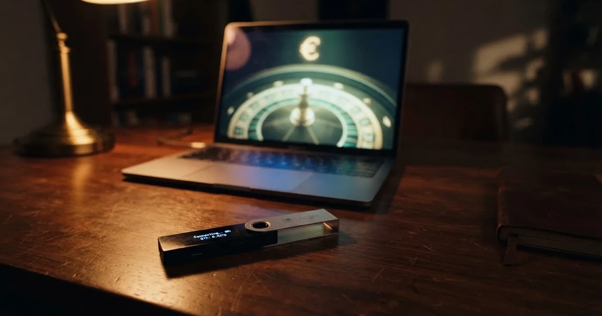 Hardverski novčanik i prijenosno računalo na stolu pod prigušenim svjetlom — ethereum casino u hrvatskoj