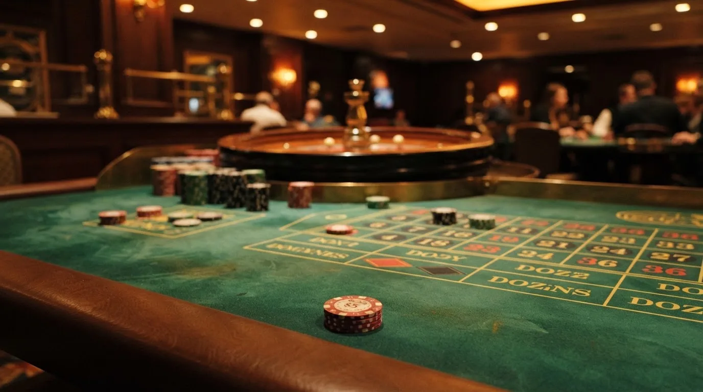 Kotač ruleta i žetoni na zelenom suknu pod toplim večernjim svjetlom — ethereum casino u hrvatskoj