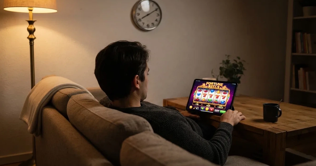 Osoba na kauču zamišljeno gleda tablet, a iza nje je sat na zidu — hrvatski casino bez depozita