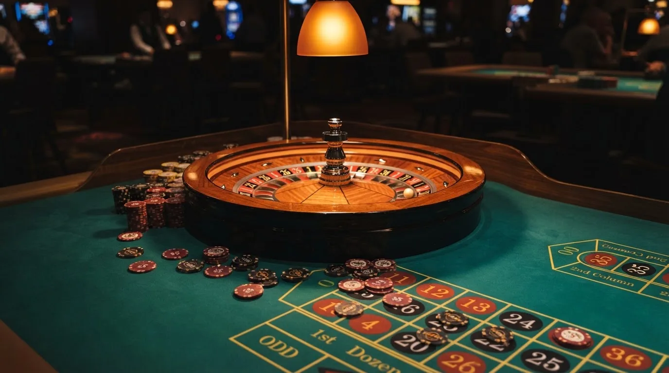 Kotač ruleta i žetoni na zelenom suknu pod toplim večernjim svjetlom — hrvatski casino bez depozita