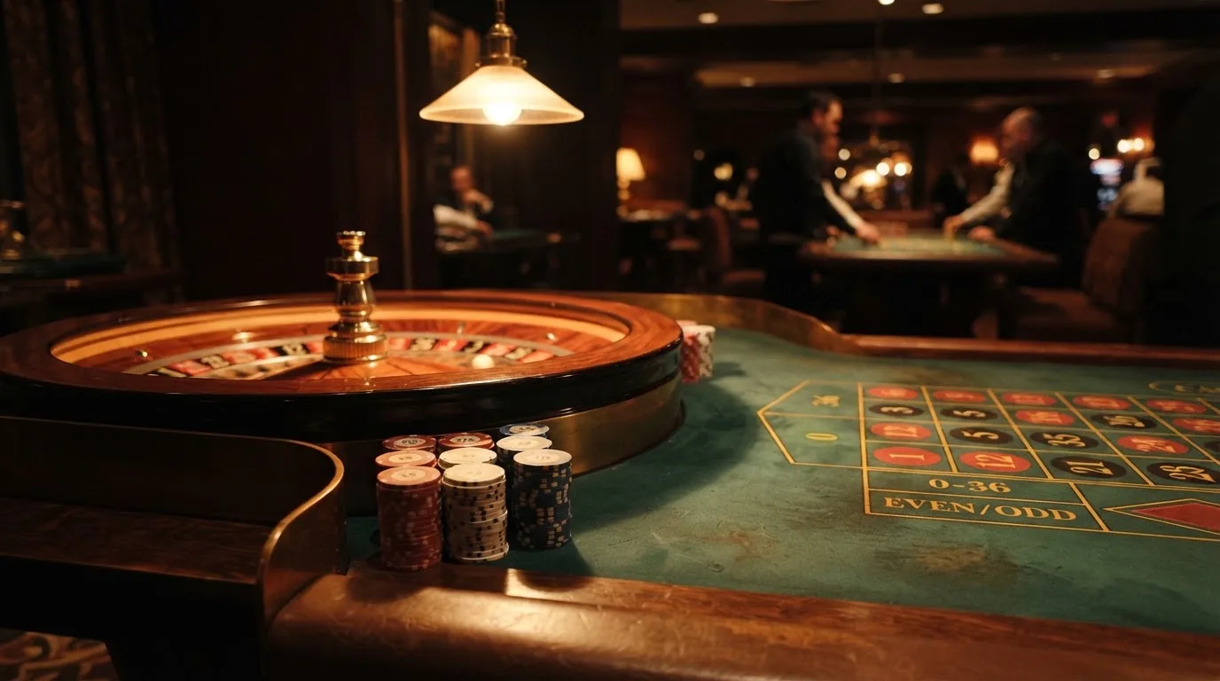 Kotač ruleta i žetoni na zelenom suknu pod toplim večernjim svjetlom — hrvatski casino bez uplate