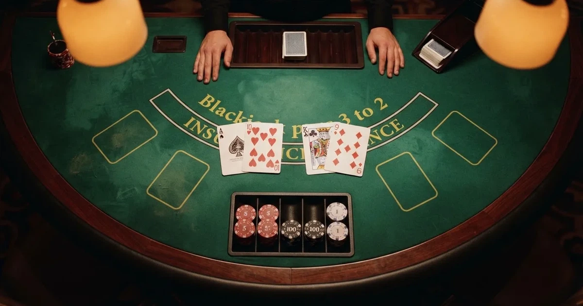 Osvijetljen stol za igru s kartama, snimljen odozgo — igrati blackjack u hrvatskoj