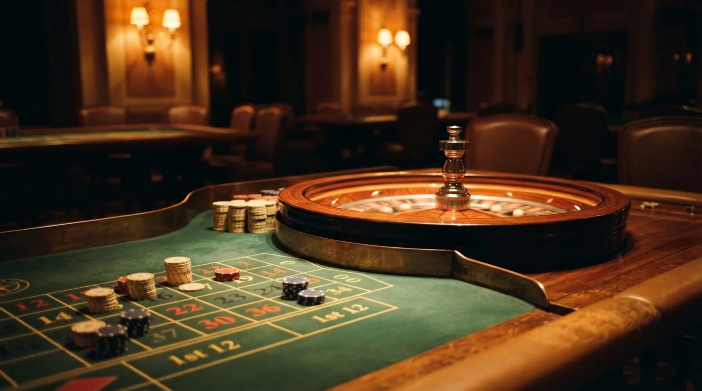 Kotač ruleta i žetoni na zelenom suknu pod toplim večernjim svjetlom — igrati blackjack u hrvatskoj