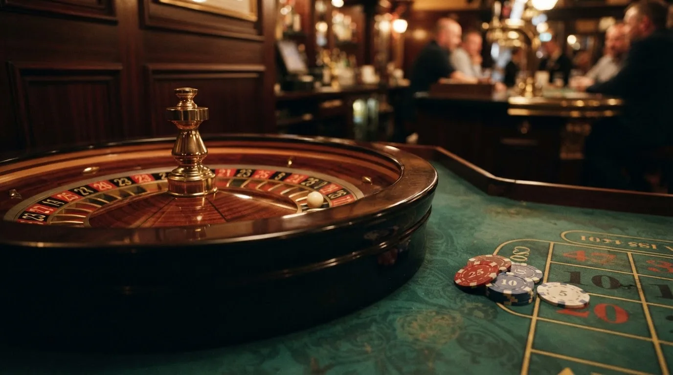 Kotač ruleta i žetoni na zelenom suknu pod toplim večernjim svjetlom — igrati casino u hrvatskoj