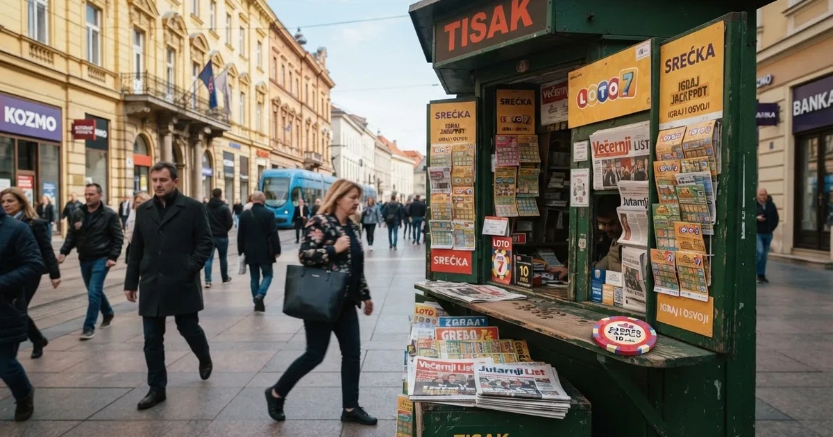 Ulica u centru Zagreba s kioskom za lutrijske listiće i prolaznicima, snimljeno danju.