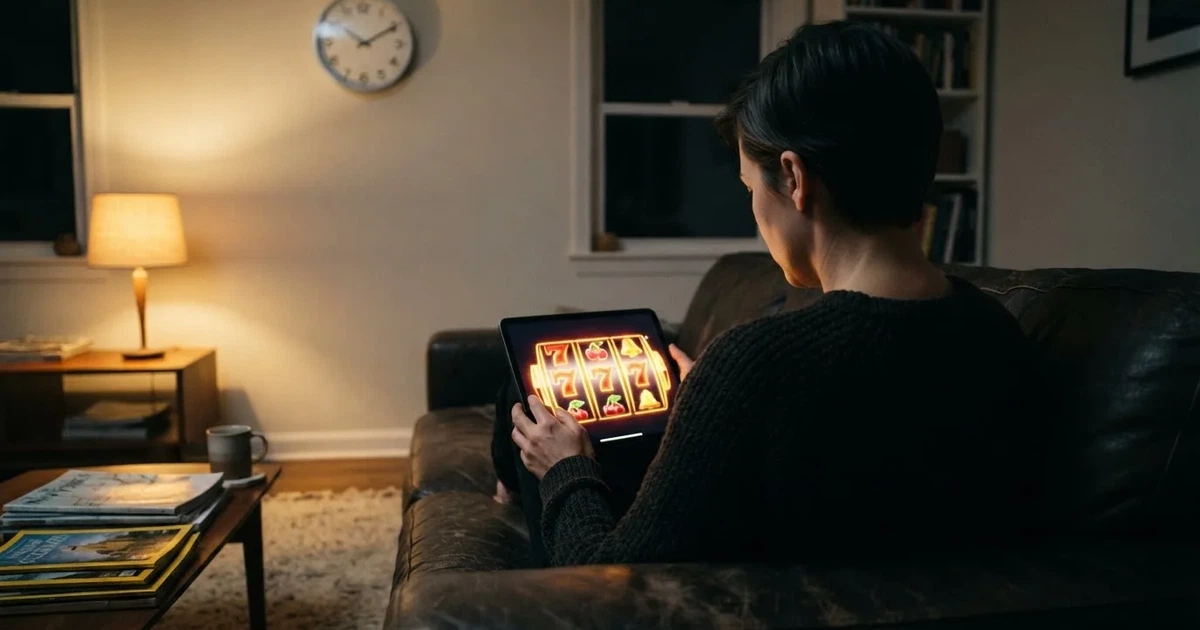 Osoba na kauču zamišljeno gleda tablet, a iza nje je sat na zidu — kasino bonusi u hrvatskoj