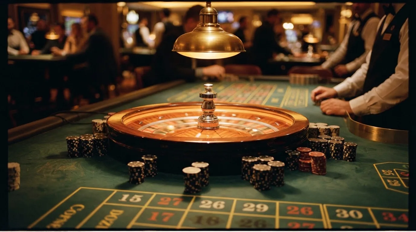 Kotač ruleta i žetoni na zelenom suknu pod toplim večernjim svjetlom — kasino bonusi u hrvatskoj