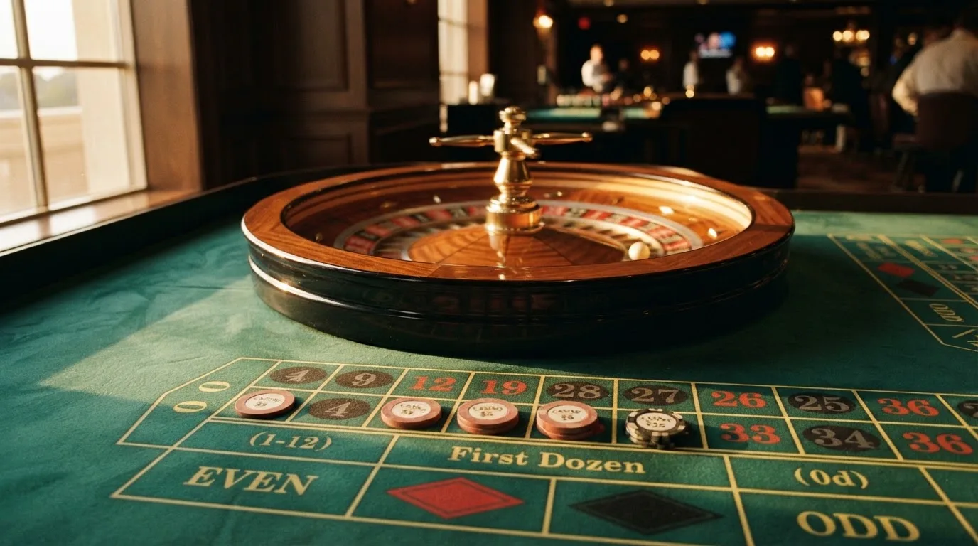 Kotač ruleta i žetoni na zelenom suknu pod toplim večernjim svjetlom — keno casino u hrvatskoj