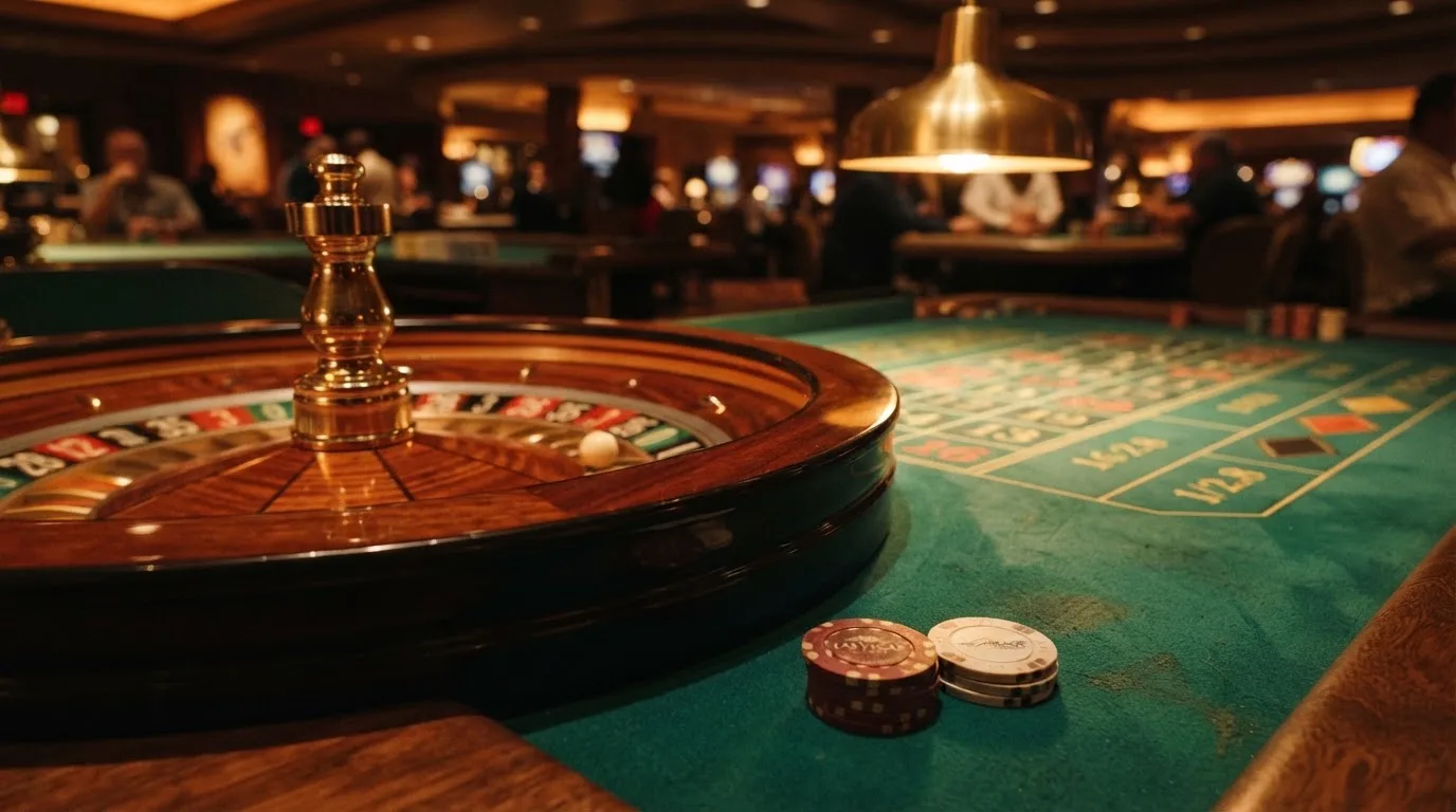 Kotač ruleta i žetoni na zelenom suknu pod toplim večernjim svjetlom — kodovi za casino u hrvatskoj